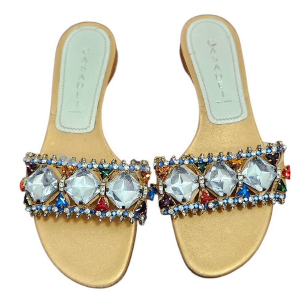 Casadei Italy Gold Leather Crystal Slide Sandals Size 7 Jewel Embellished